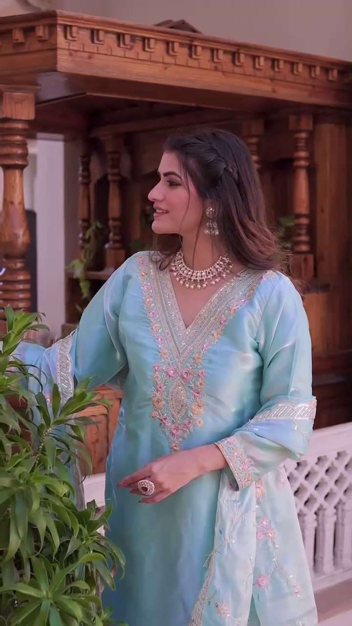 Women's Silk Heavy Embroidery Sequence Work Top-Bottom Straight Kurti With Pant and Dupatta set - Image 8
