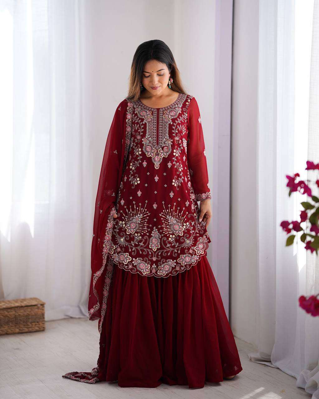 Women's Faux Georgette Sequins & Thread Work Straight Kurta With Sharara Suit and Dupatta Set - Image 8