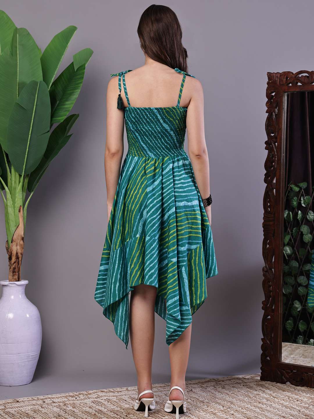 Women's Leheriya Asymmetrical Hem Smocked A-Line Dress Midi Dresses - Image 2