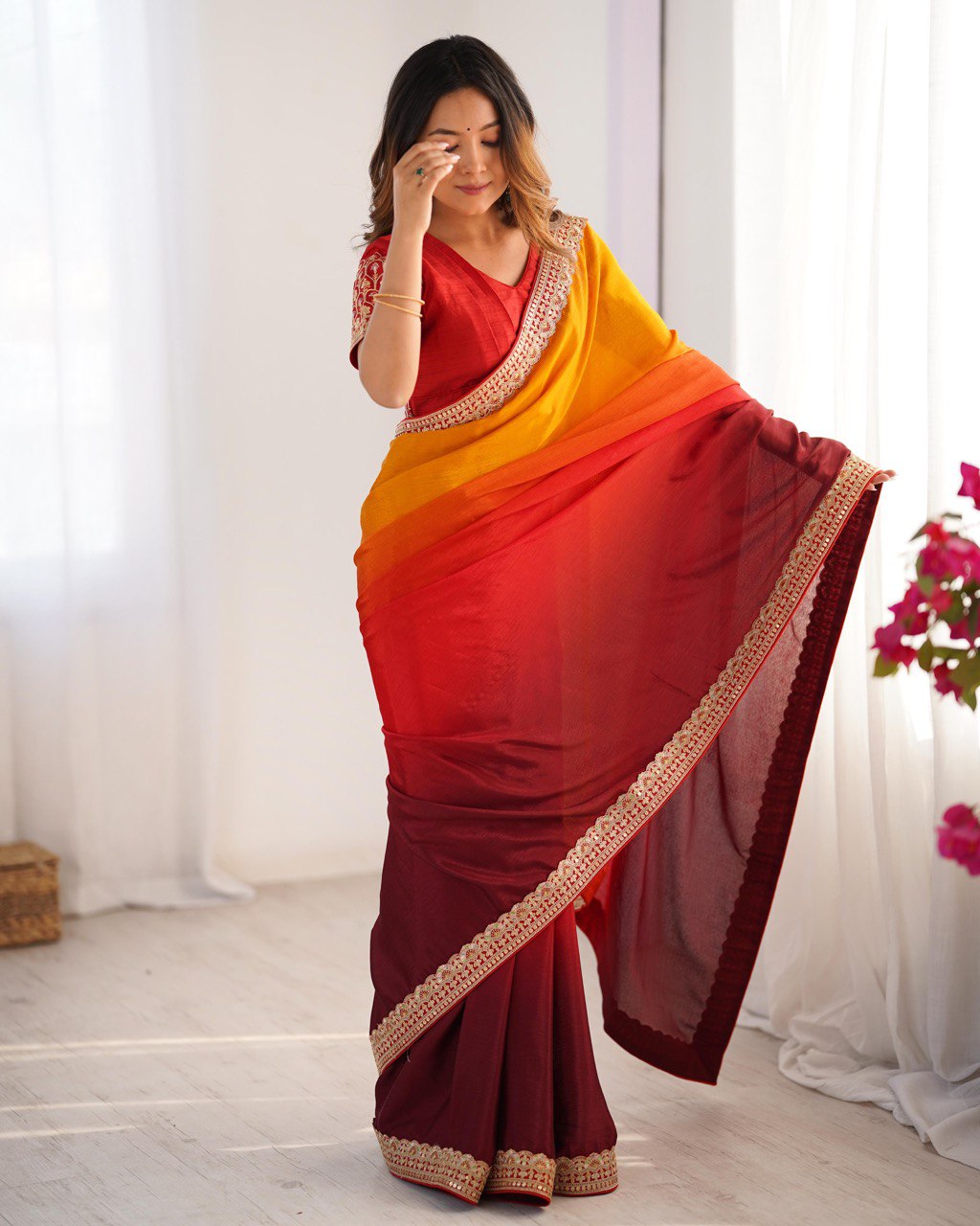 Women's Elegant Ombre Green Georgette Saree with Intricate Golden Zari & Stone Embellishments – Complete with Heavily Worked Blouse for Festive & Wedding Wear - Image 8